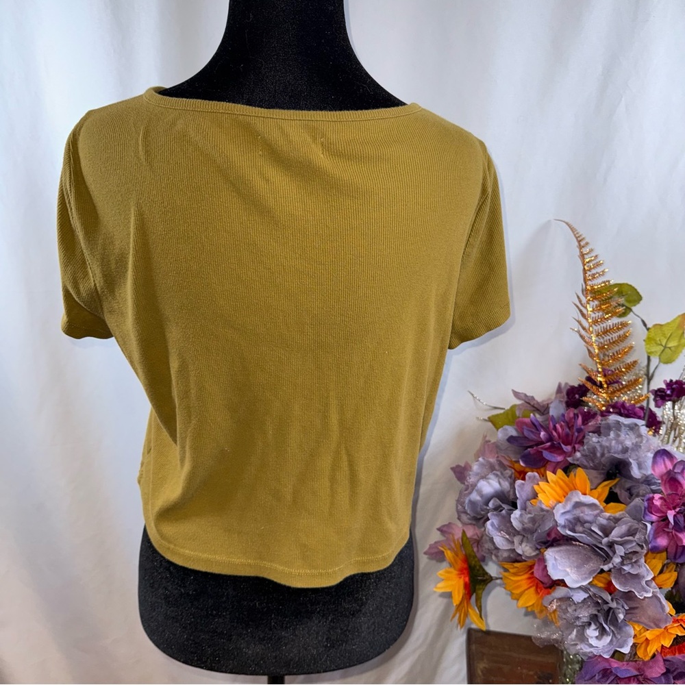 Madewell Army Green Ribbed Henley Crop Top Short Sleeve Casual Tee L - Picture 3 of 7